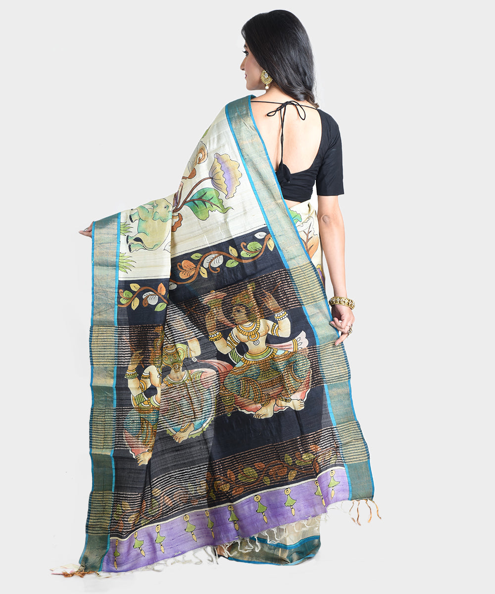 Beige hand painted kalamkari tussar silk saree