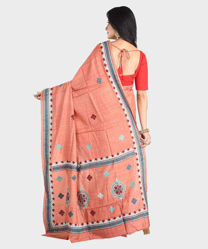 Light orange hand embroidery kantha stitch tussar silk saree