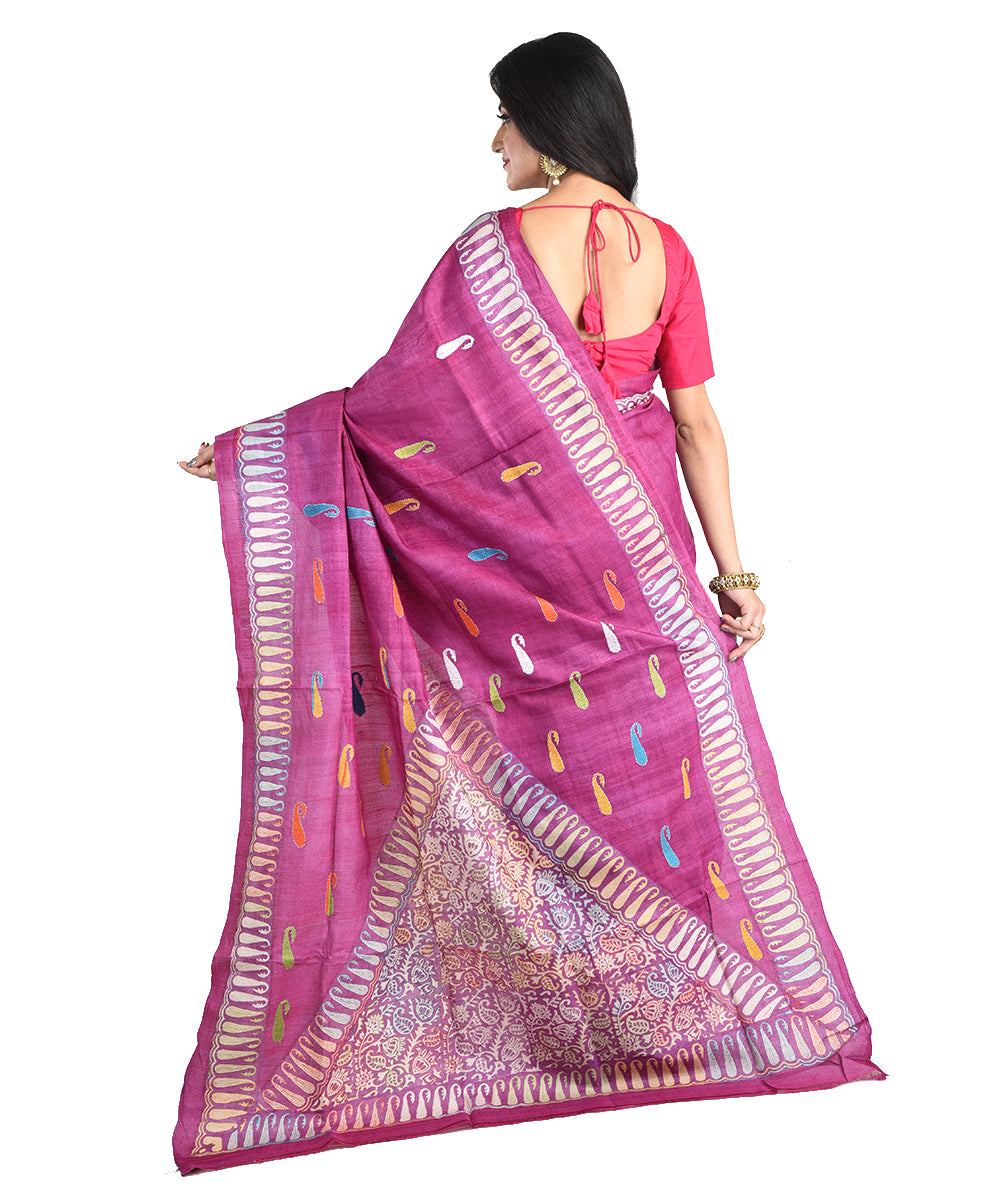 Purple hand embroidery kantha stitch tussar silk saree