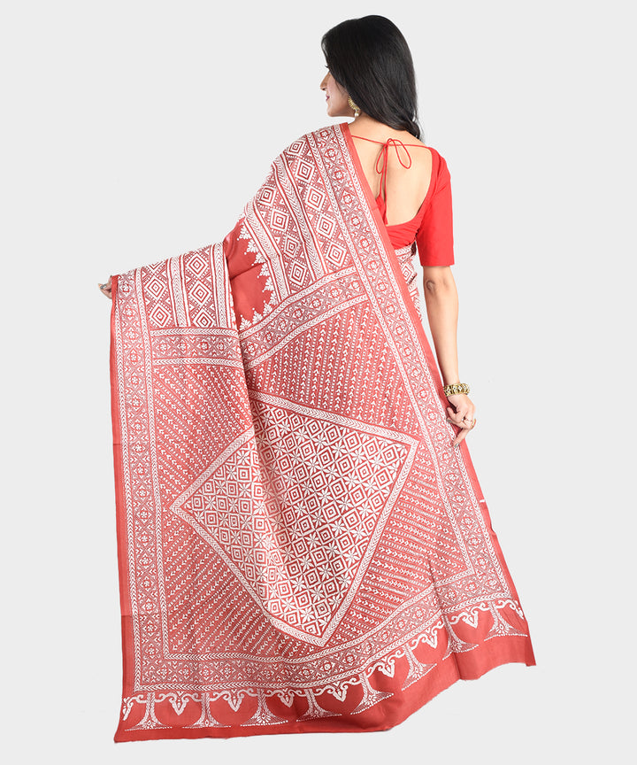 Maroon hand embroidery kantha stitch silk saree