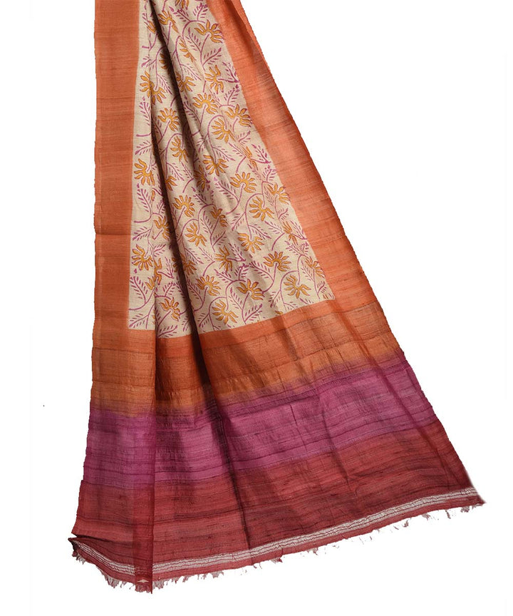 Orange beige hand block print tussar silk dupatta