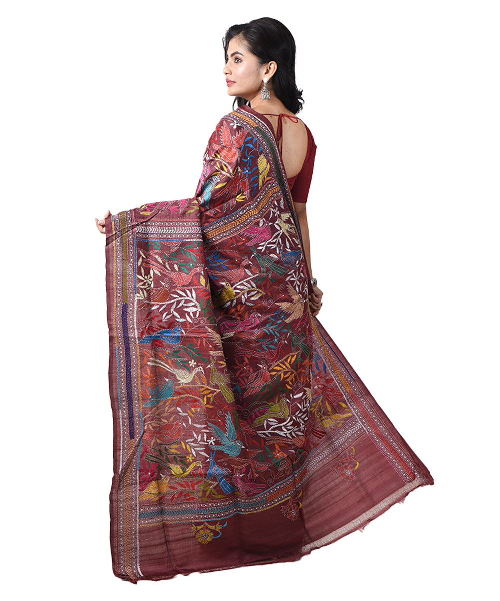 Brown tussar silk hand embroidery bengal kantha stitch saree