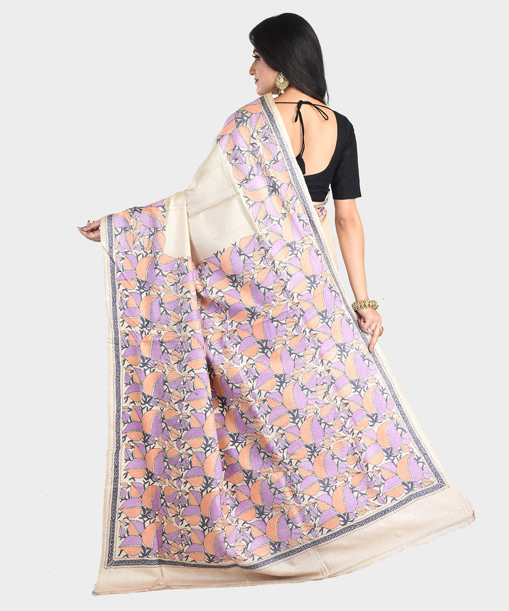 Beige multicolor kantha stitch hand embroidery tussar silk saree
