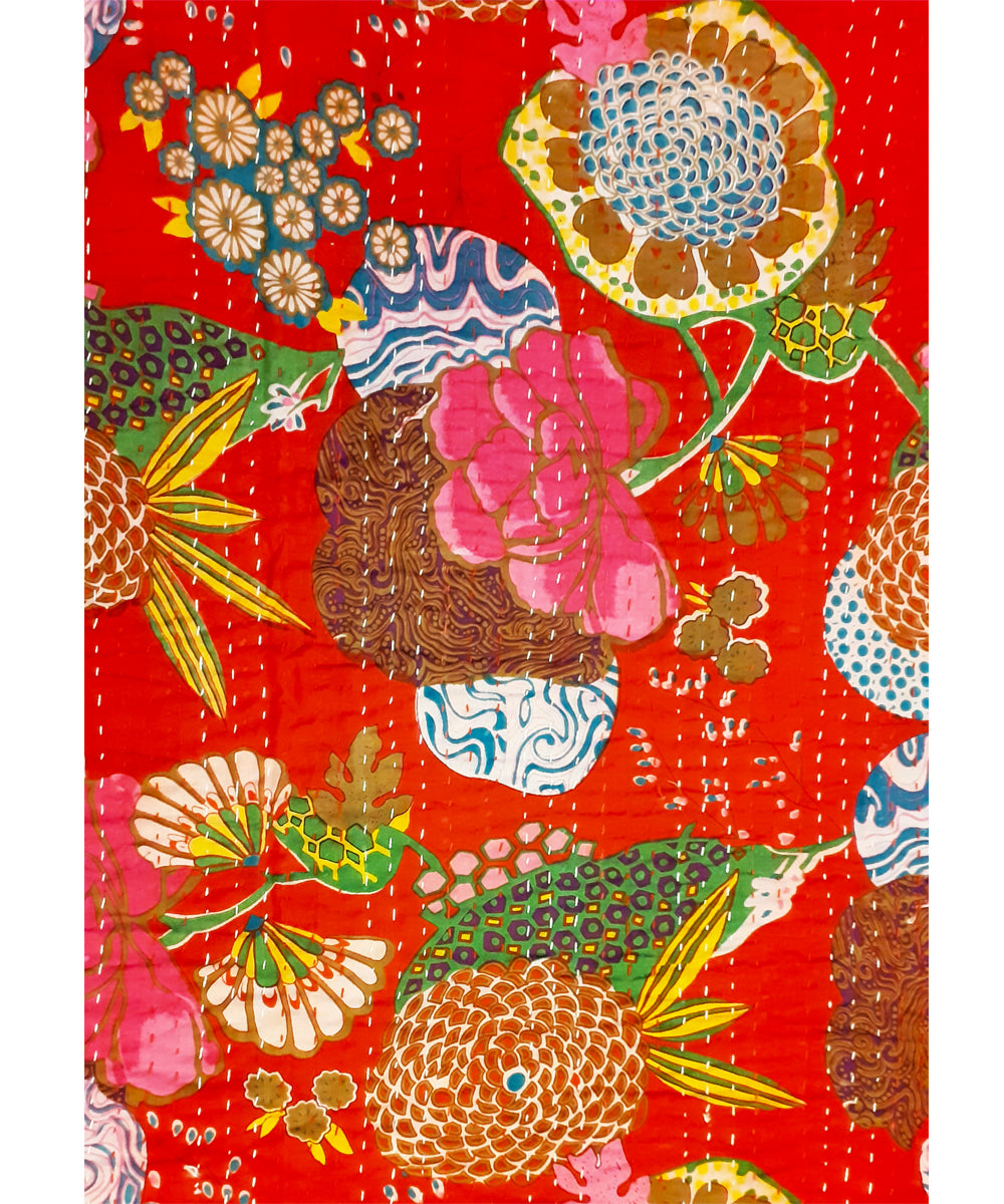 Magenta kantha work double layered cotton double bedcover/quilt