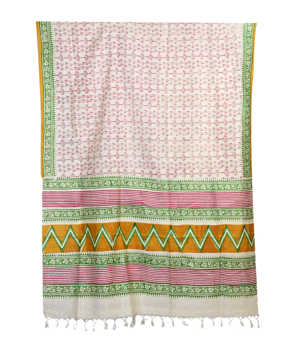 White pink bengal hand block printed silk dupatta