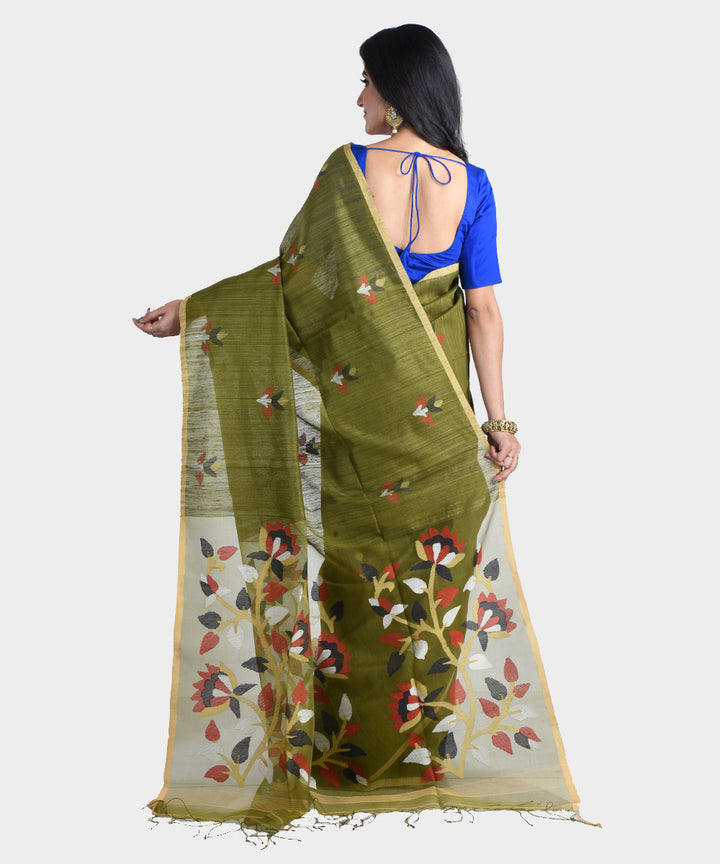 Olive green handwoven jamdani silk saree