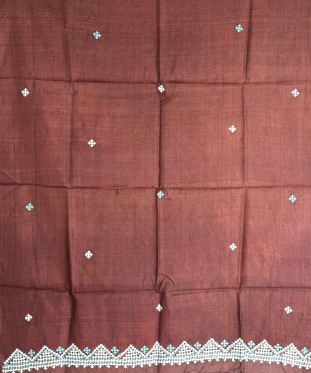 2pc Brown hand embroidery tussar silk dress material set