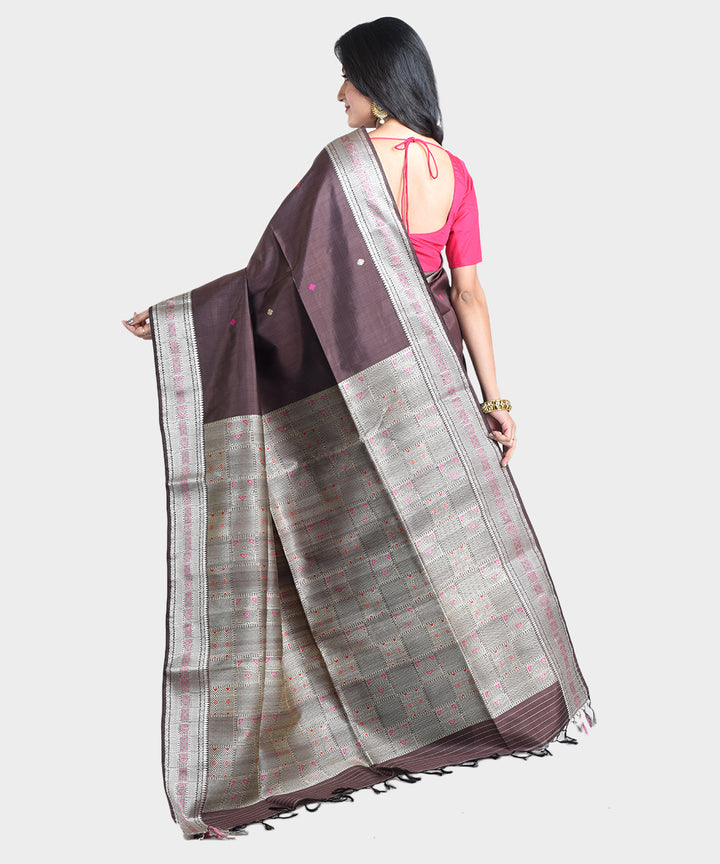 Brown silver handwoven silk saree