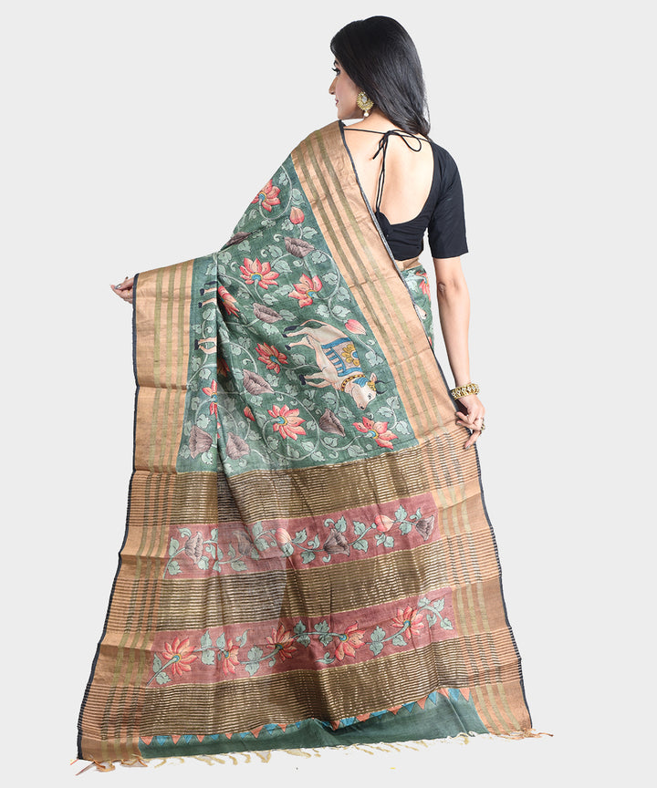 Light green hand painted kalamkari tussar silk saree