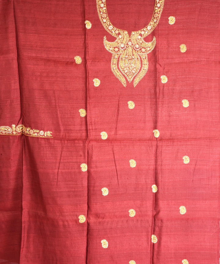 2pc Maroon hand embroidery tussar silk dress material
