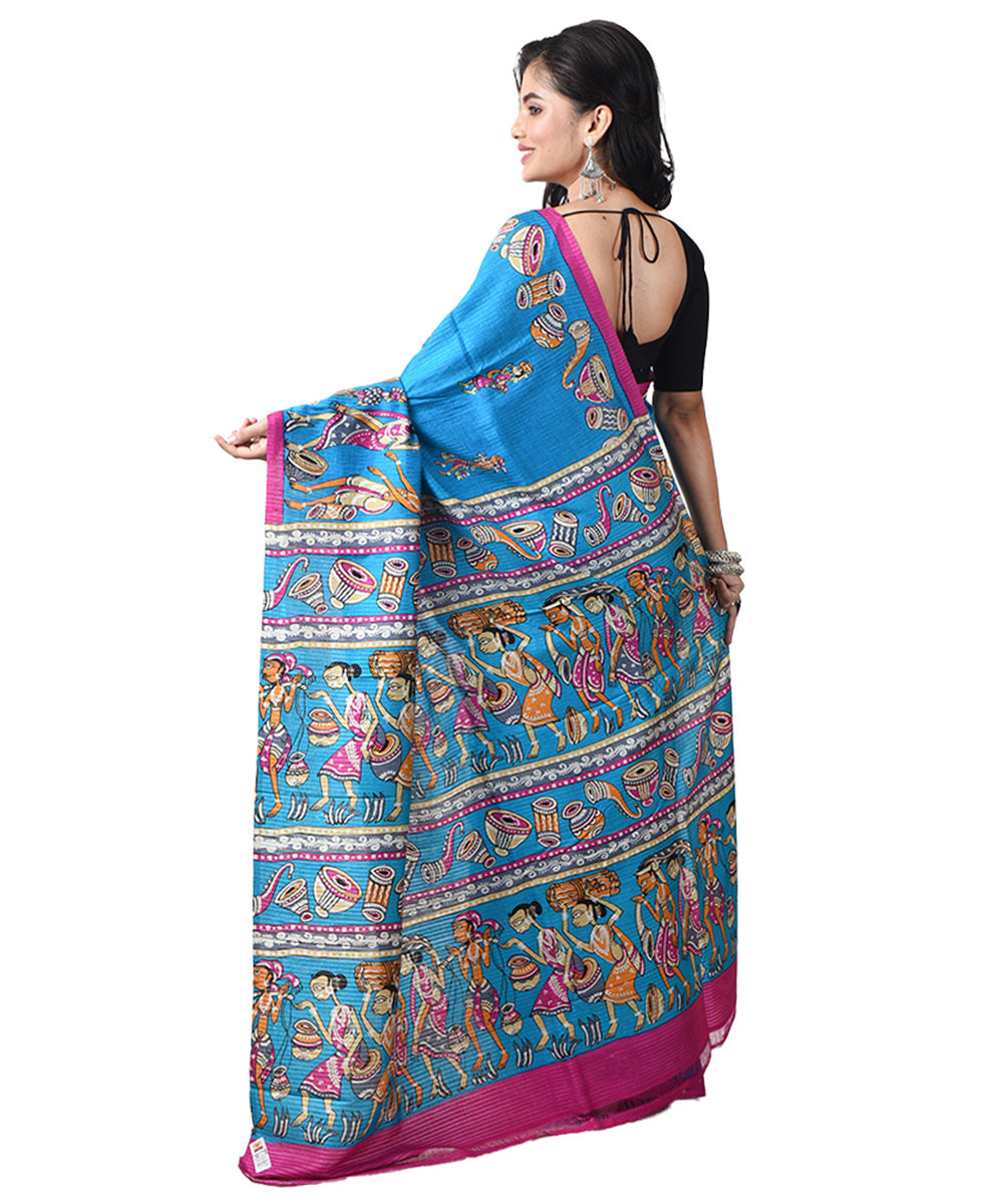 Sky blue multicolor silk bengal hand block print saree