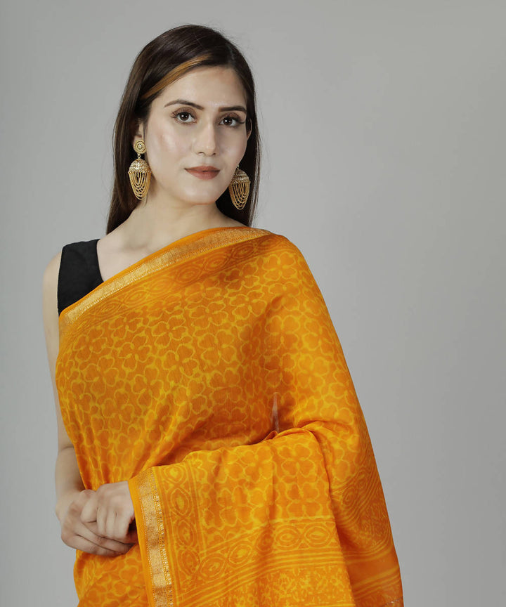 Orange yellow bagru handblock printed cotton silk saree