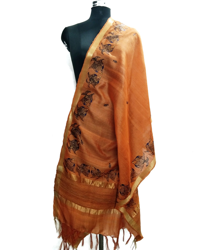 Orange golden hand painted godana art silk dupatta