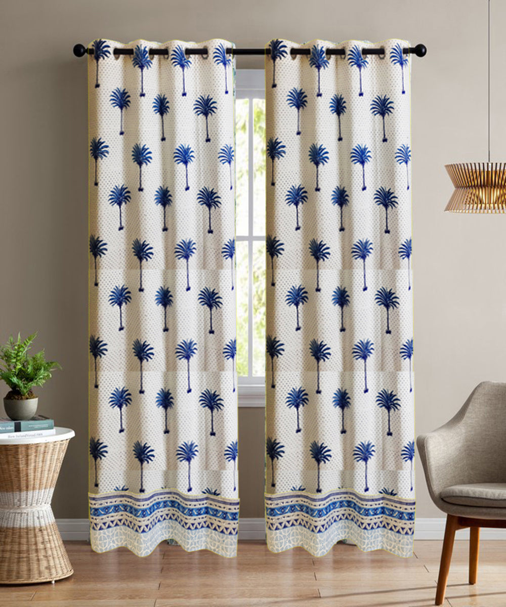 White blue handblock print long door cotton curtain