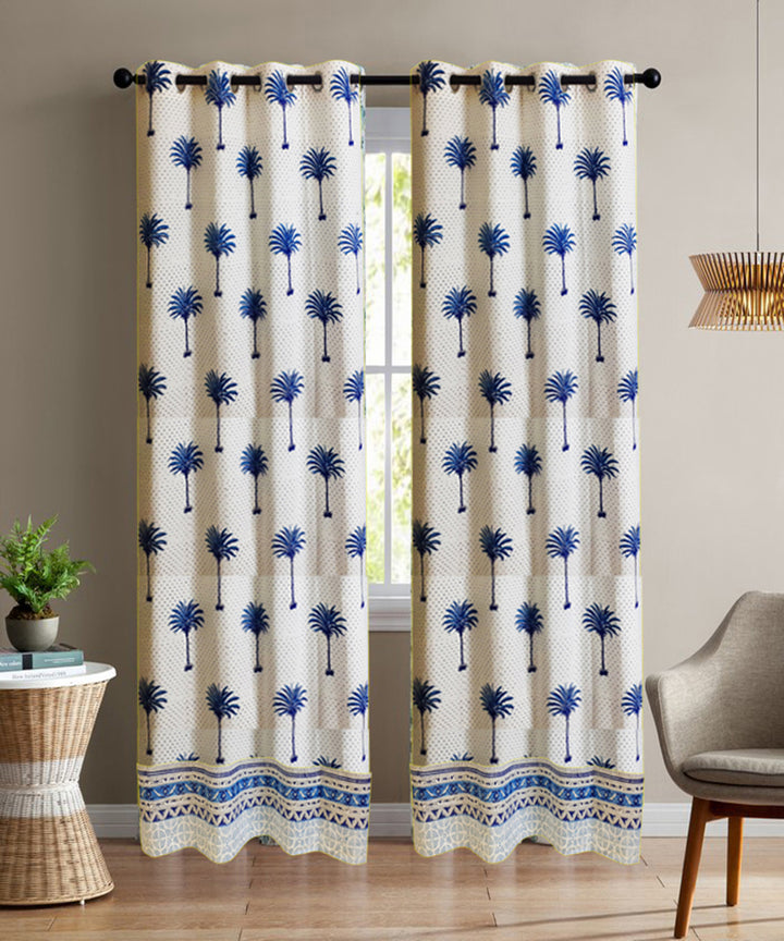 White blue handblock print long door cotton curtain