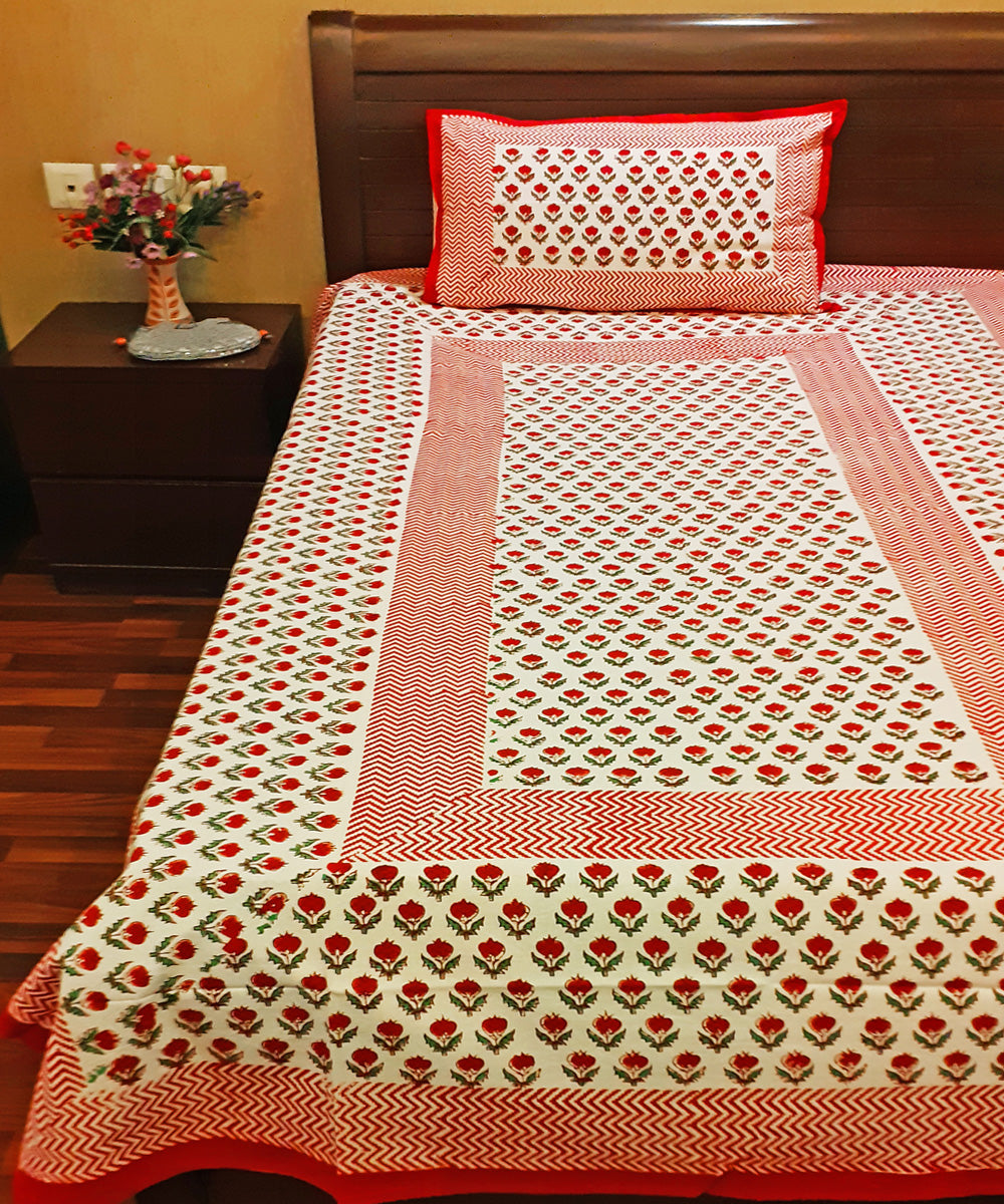 Rose motif handblock print cotton single bed sheet with pillow cover