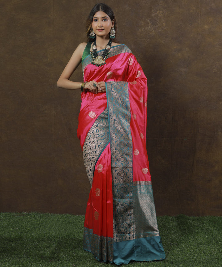 Pink and green silk handloom banarasi saree