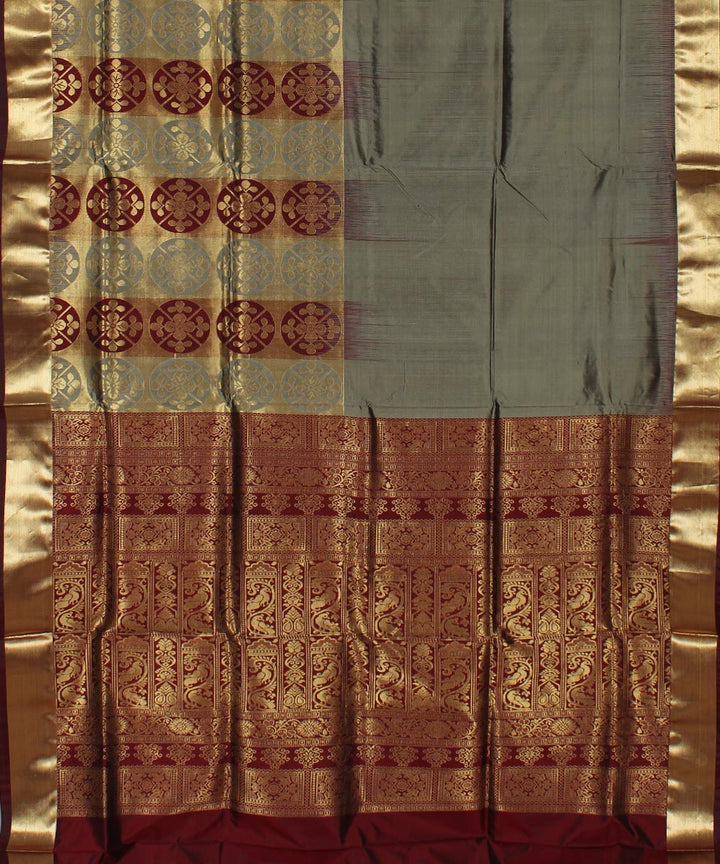 Grey maroon handwoven Karnataka brocade silk saree