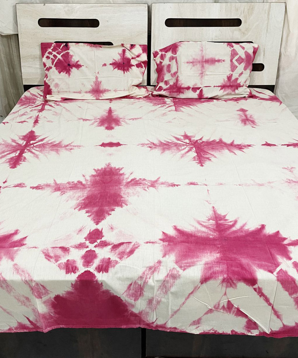 White pink tie dye cotton handwoven bedsheet