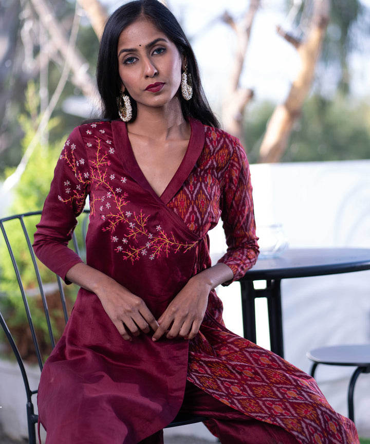 Maroon chanderi handwoven ikat angrakha kurta with palazzo set