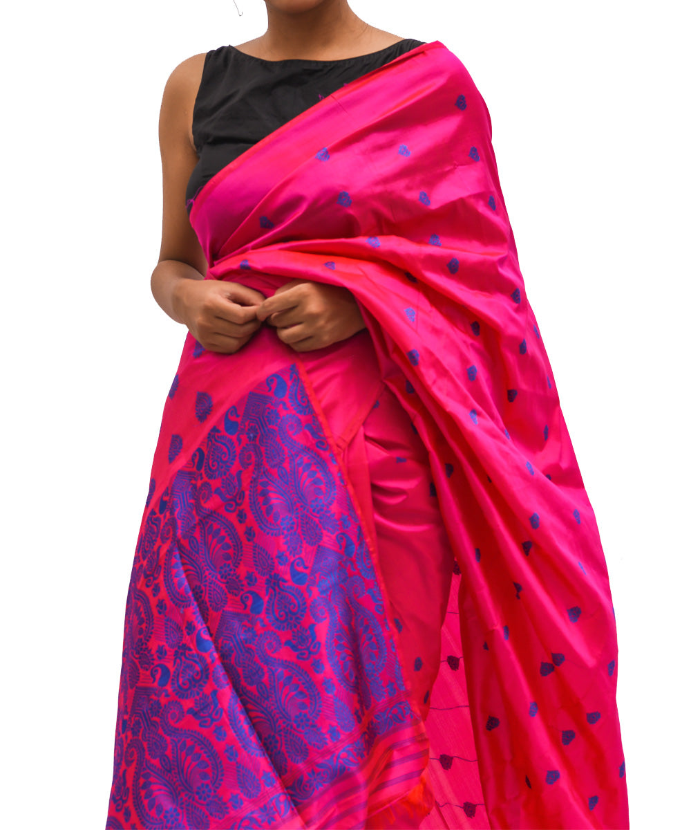 Pink blue silk handloom assam saree