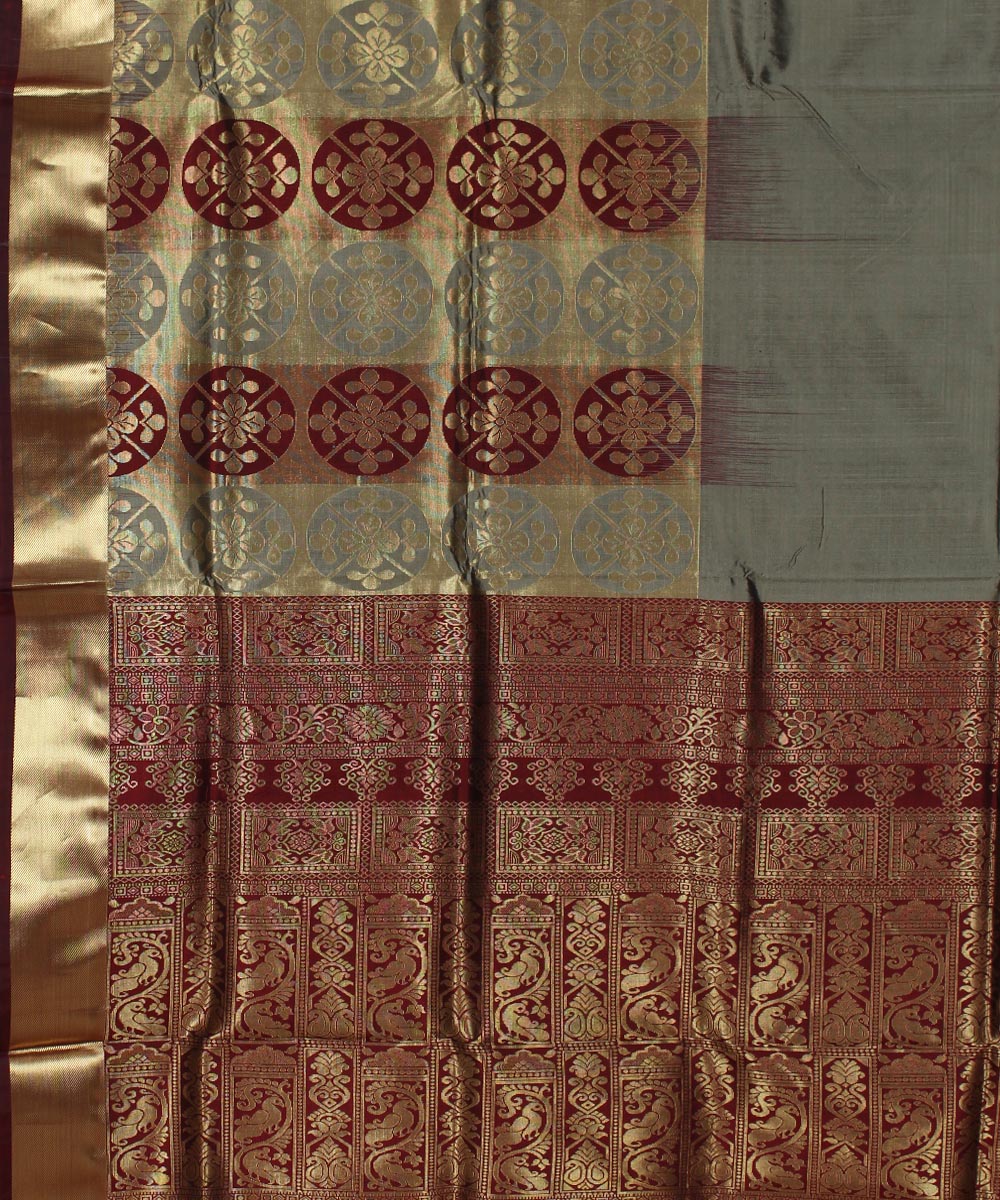 Grey maroon handwoven Karnataka brocade silk saree
