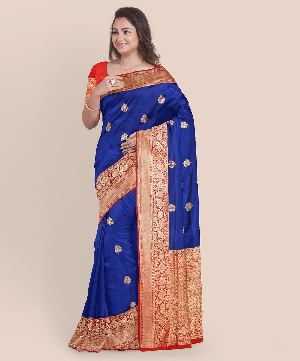 Navy blue and orange silk handloom banarasi saree