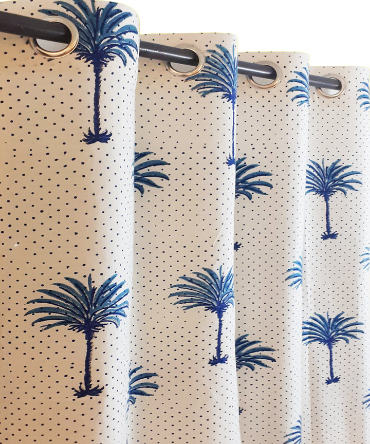 White blue handblock print long door cotton curtain