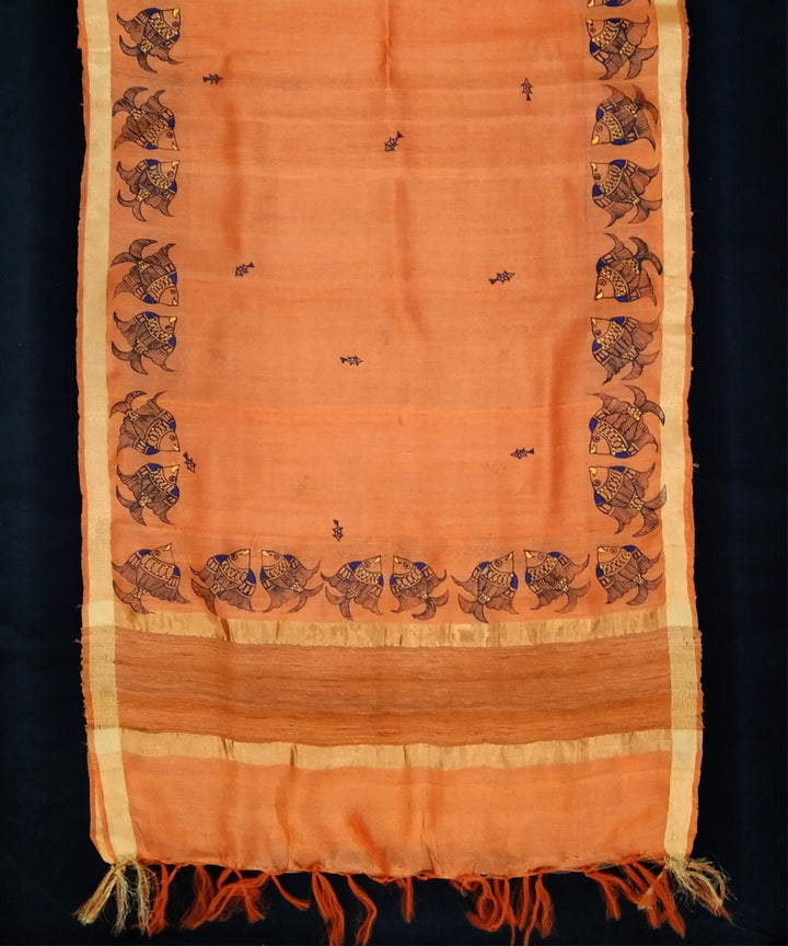 Orange golden hand painted godana art silk dupatta