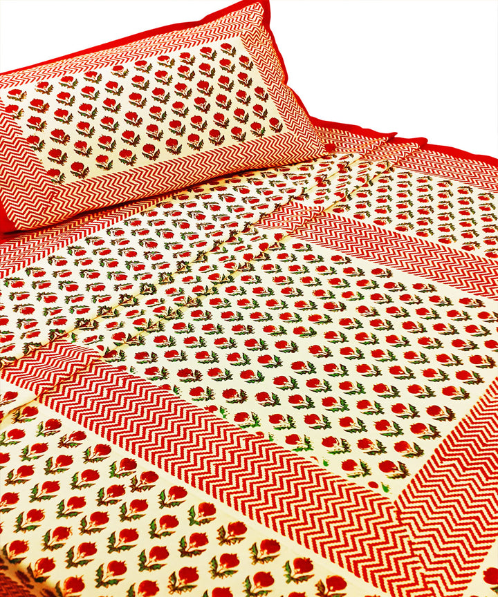 Rose motif handblock print cotton single bed sheet with pillow cover