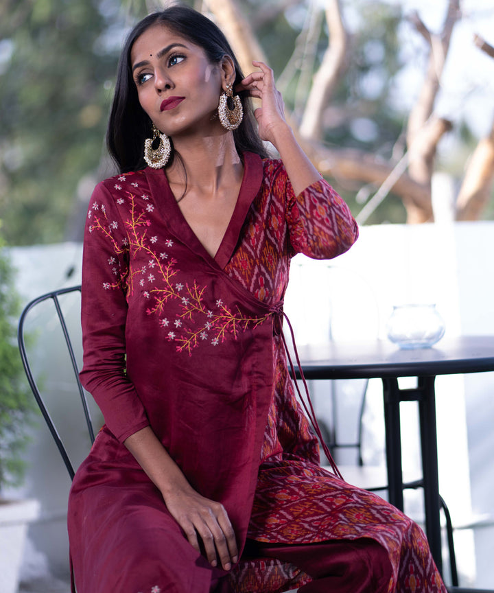 Maroon chanderi handwoven ikat angrakha kurta with palazzo set