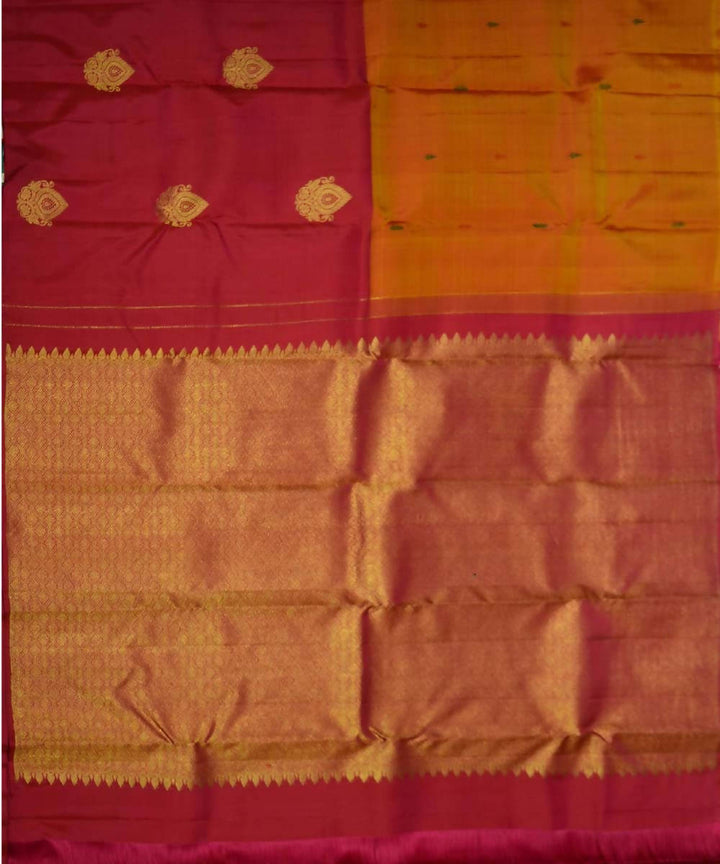 Mustard Maroon Floral Motif Dharmavaram Silk Saree