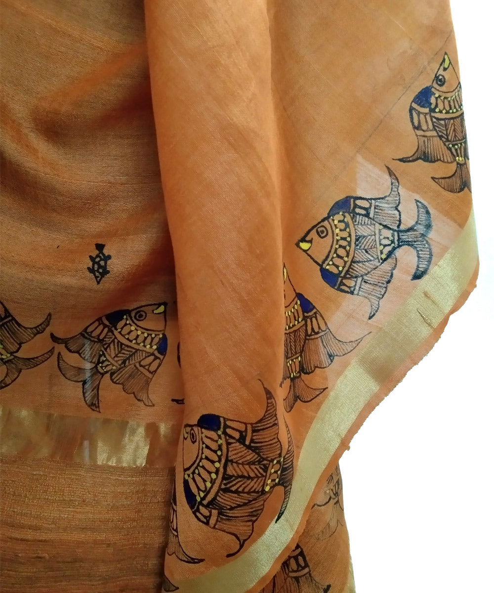 Orange golden hand painted godana art silk dupatta