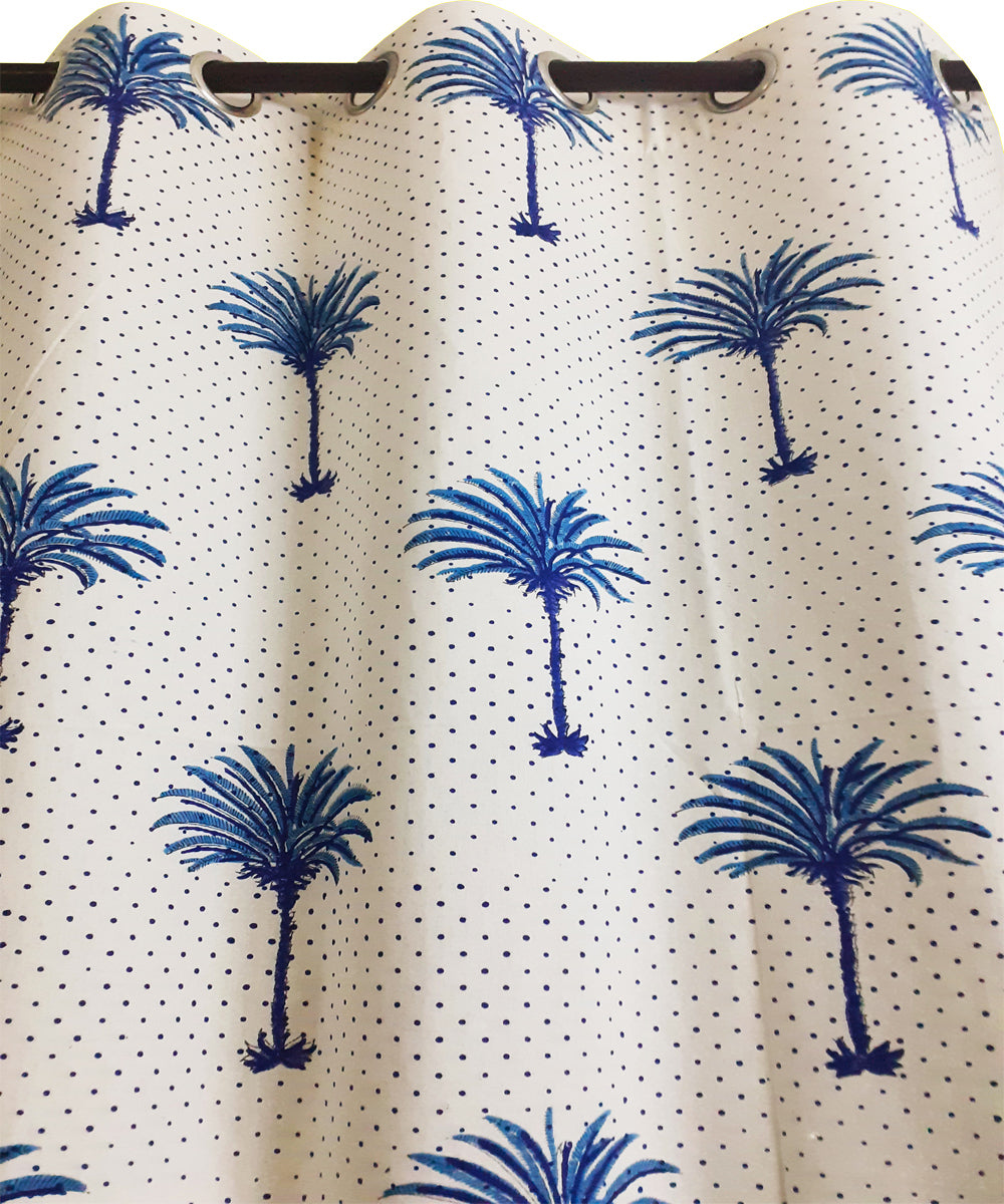 White blue handblock print long door cotton curtain
