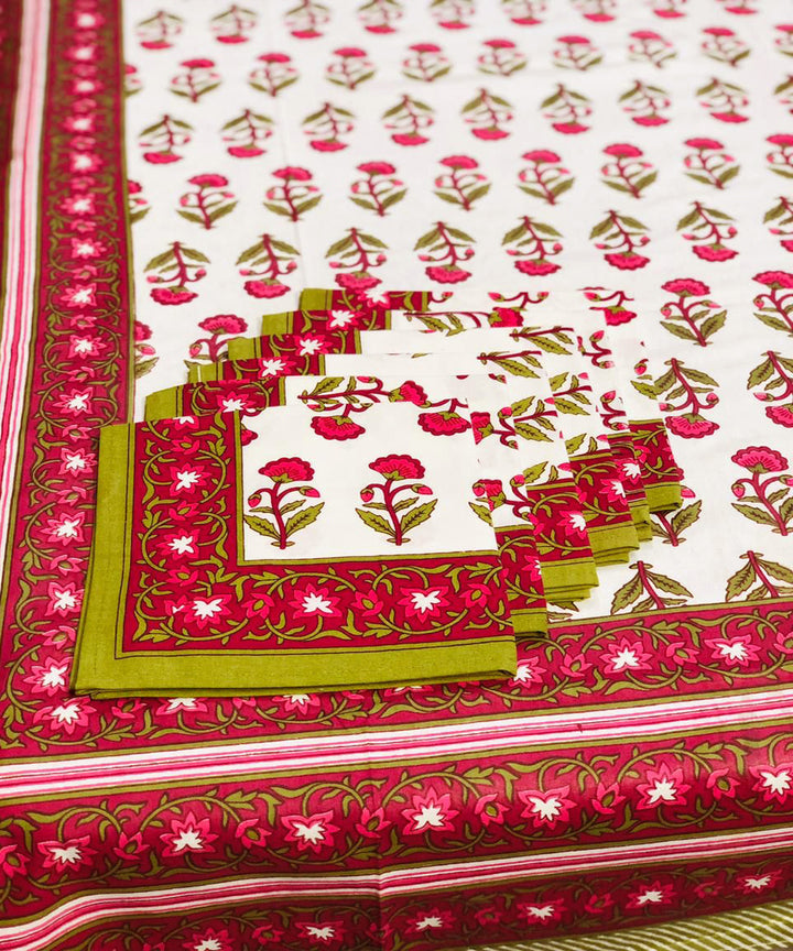 Multi colour handblock print cotton table cover with 6 napkins