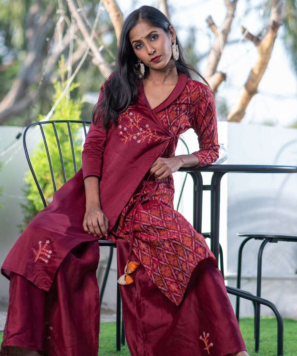 Maroon chanderi handwoven ikat angrakha kurta with palazzo set