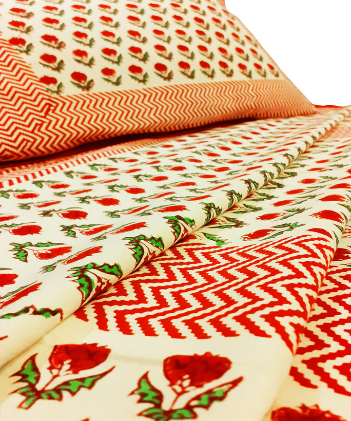 Rose motif handblock print cotton single bed sheet with pillow cover