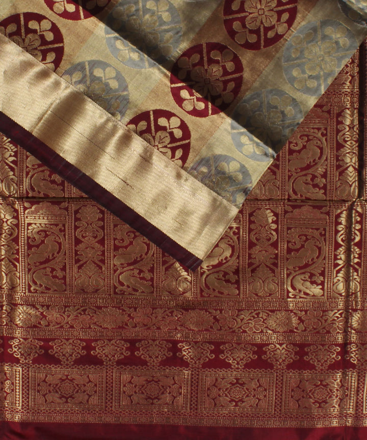 Grey maroon handwoven Karnataka brocade silk saree