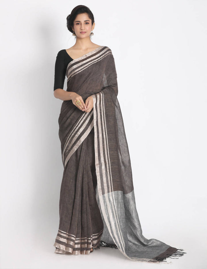 Umber Linen saree with Silver zori border