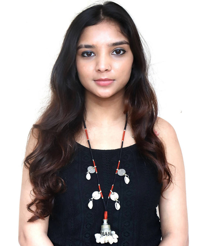 Boho repurposed metal and cowry necklace with fine thread wrapping