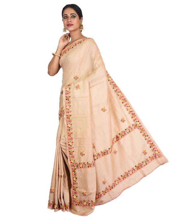 Beige bengal hand embroidery tussar silk saree