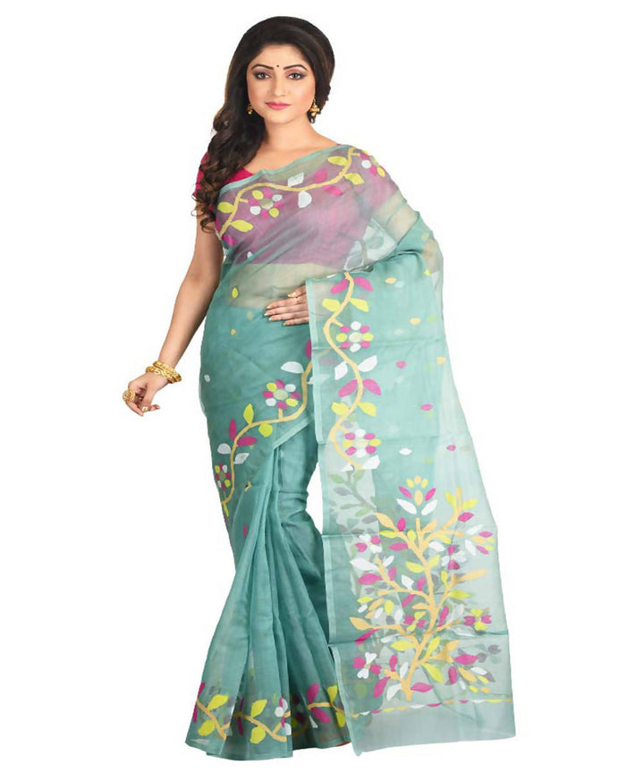 Resham shilpi cyan green bengal silk saree with handwoven jamdani work