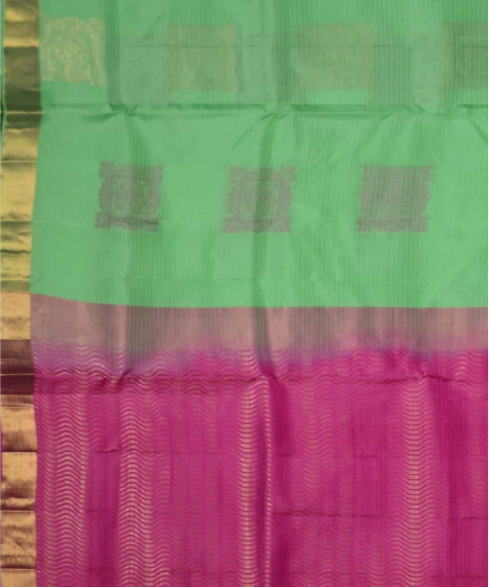 Pista Green Pink Handloom Soft Silk Saree