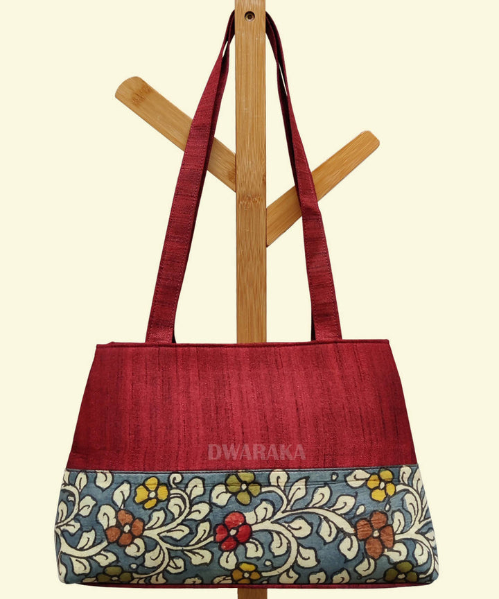 Maroon hand painted kalamkari ghicha silk handbag