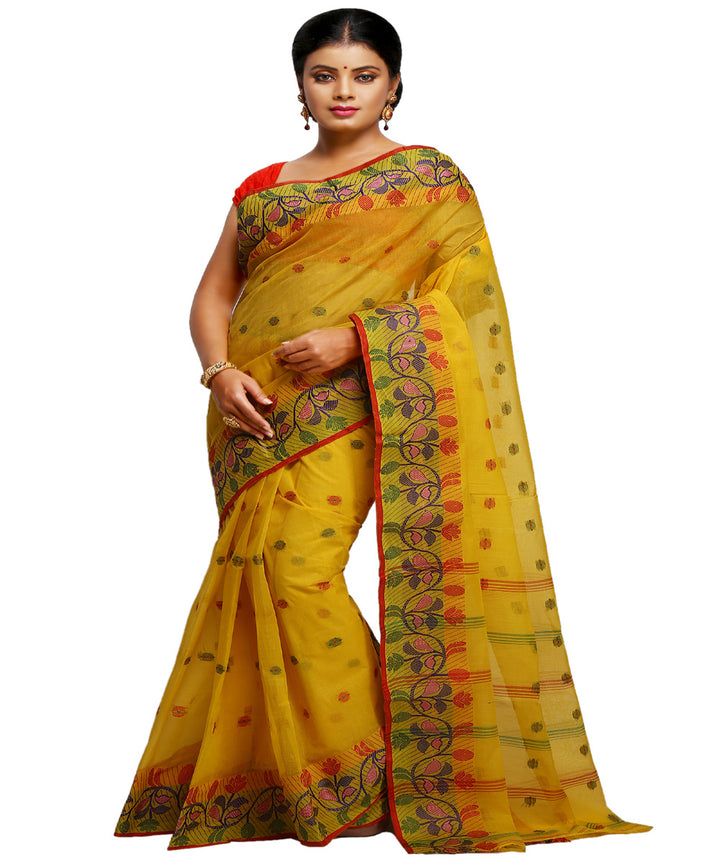 Yellow mustard handwoven tangail tant cotton bengal saree