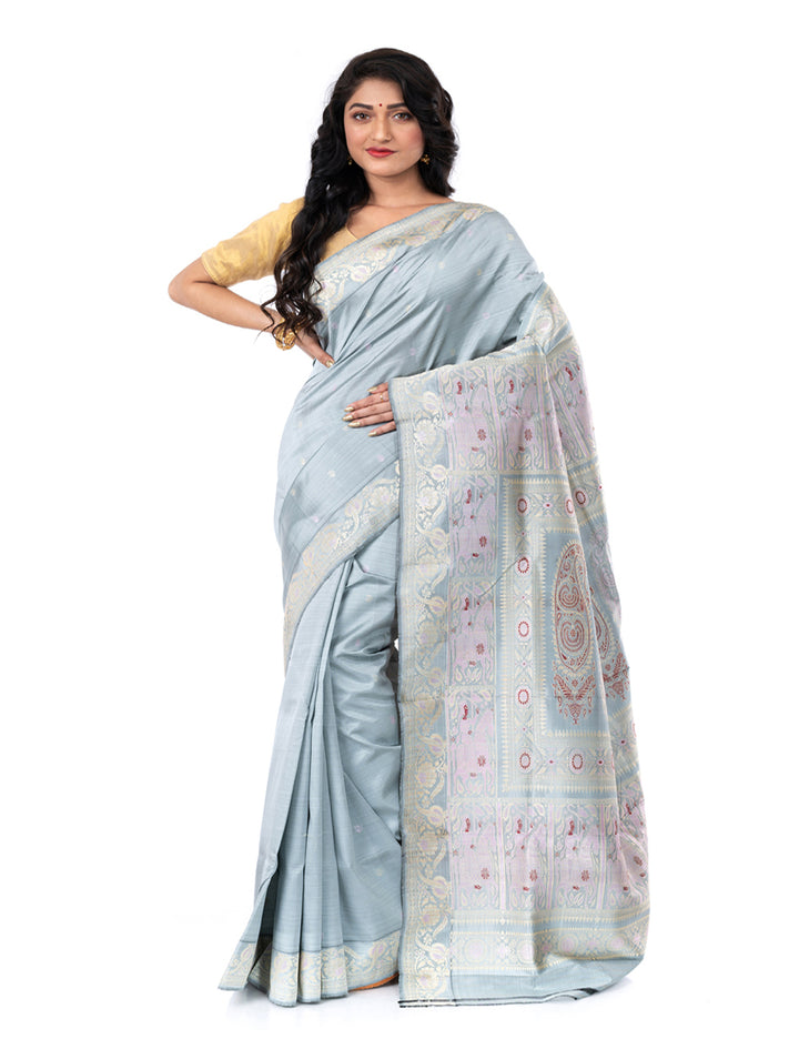 Grey handwoven malda silk swarnachari baluchari saree