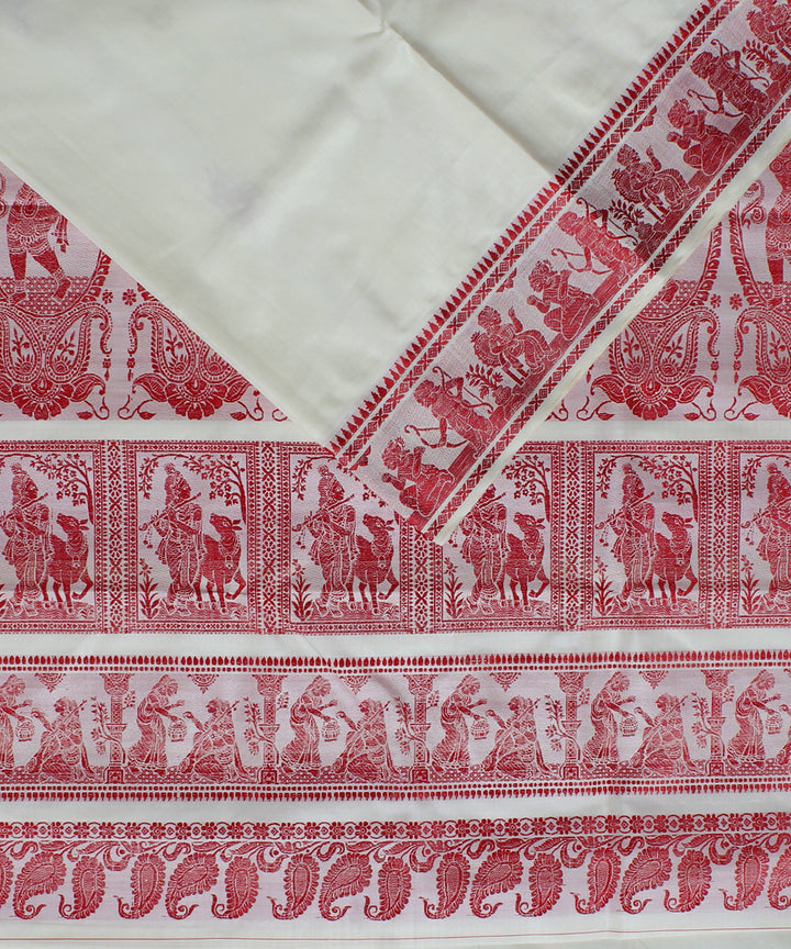 Off white and red handwoven silk baluchari saree