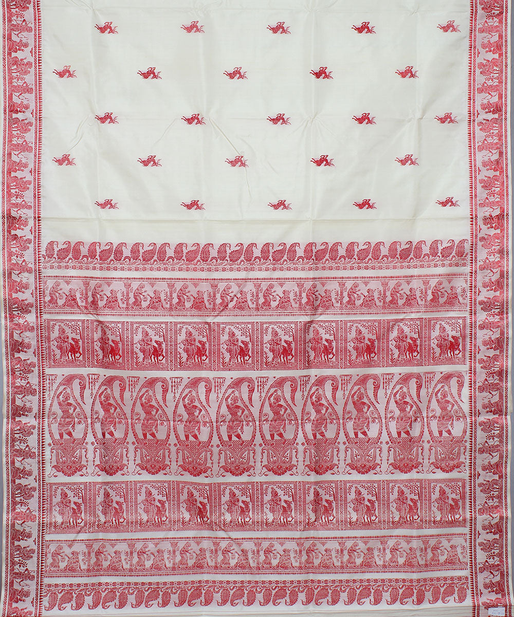 Off white and red handwoven silk baluchari saree
