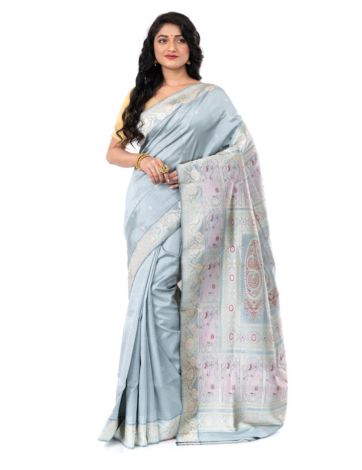 Grey handwoven malda silk swarnachari baluchari saree