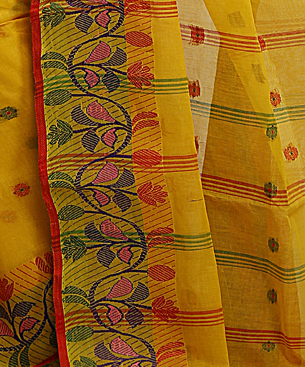 Yellow mustard handwoven tangail tant cotton bengal saree